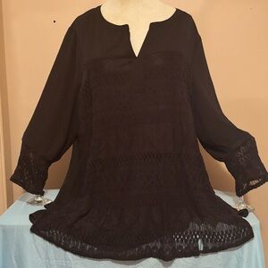 New Directions Elegant Black Tunic with Crochet Accents Long Sleeve 3XL